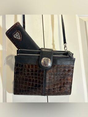 Brighton leather Dark Brown Croc-Embossed Crossbody Bag & glasses case